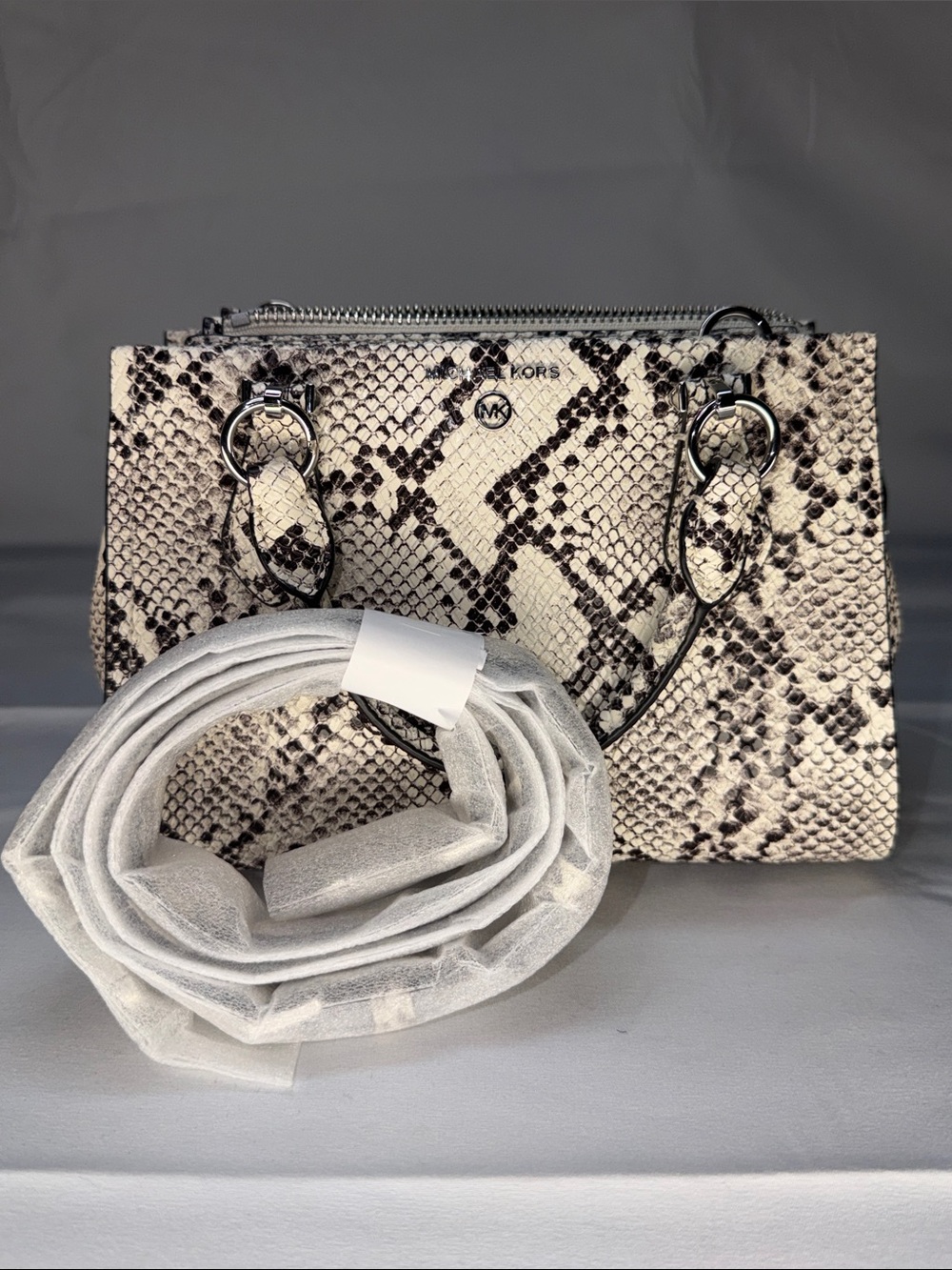 Michael Kors Black and White Snake-Print Satchel - Picture 6 of 11